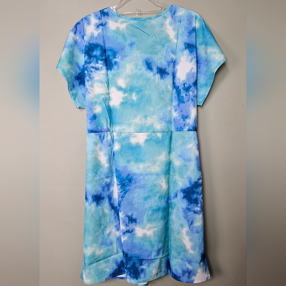 Womens Swimsuit Cover Up V Neck Short Sleeve Beachwear Dress, Marine Tie Dye, L - Picture 5 of 7